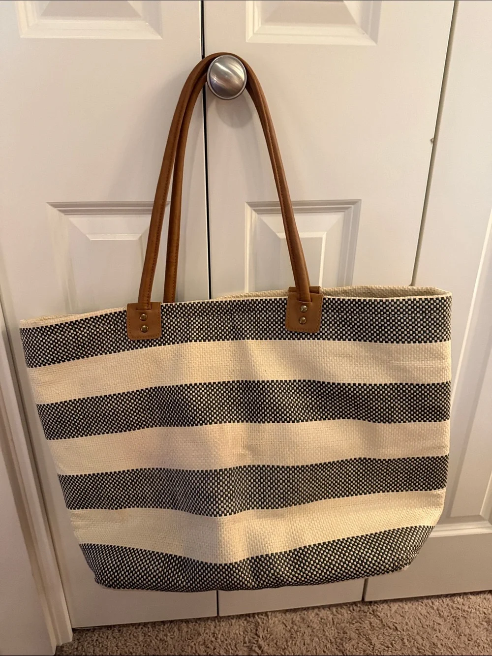 Striped Straw Tote Bag with Brown Handles